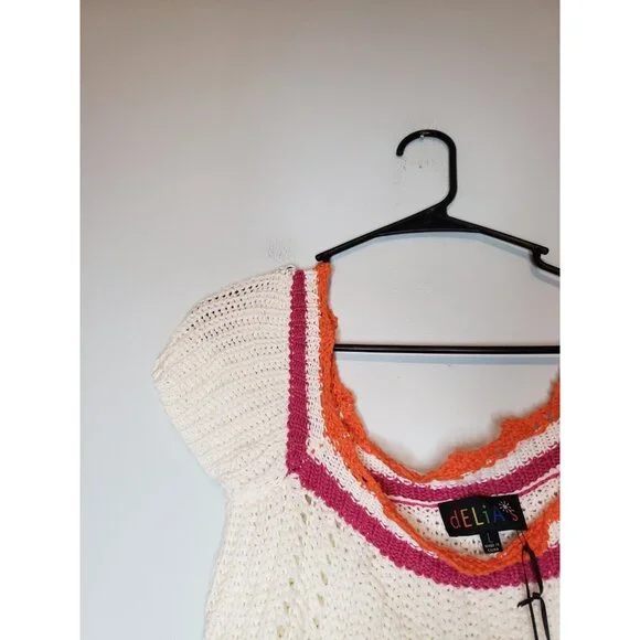 Delia*s Dollskill Womens L Cropped Sweater Crochet Retro Summer Loose Knit - Picture 3 of 7